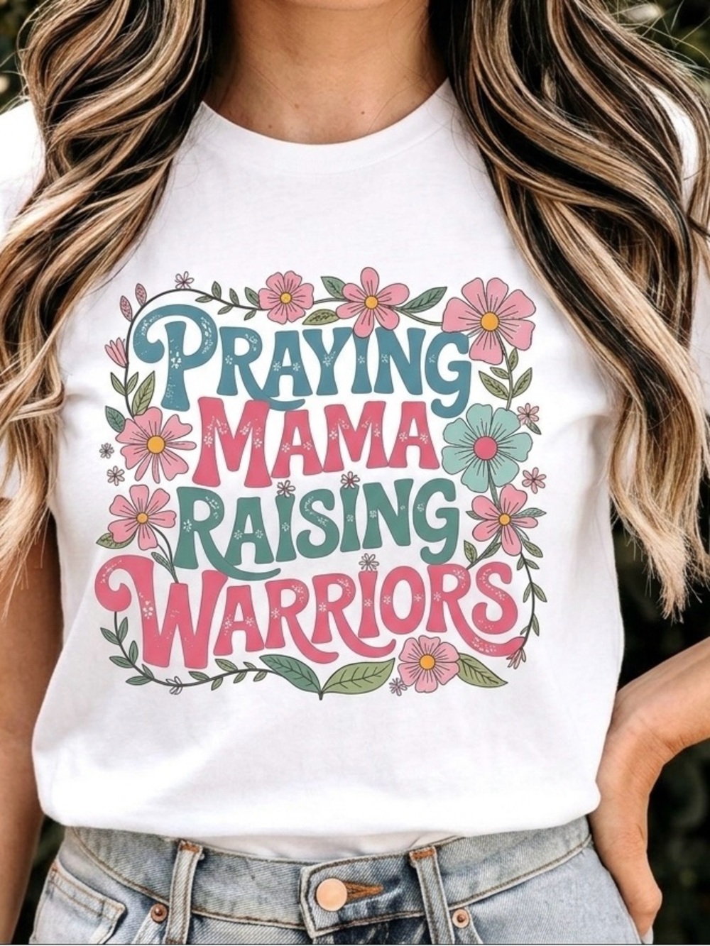 Gildan White Tee with 'Praying Mama Raising Warriors' Floral Graphic